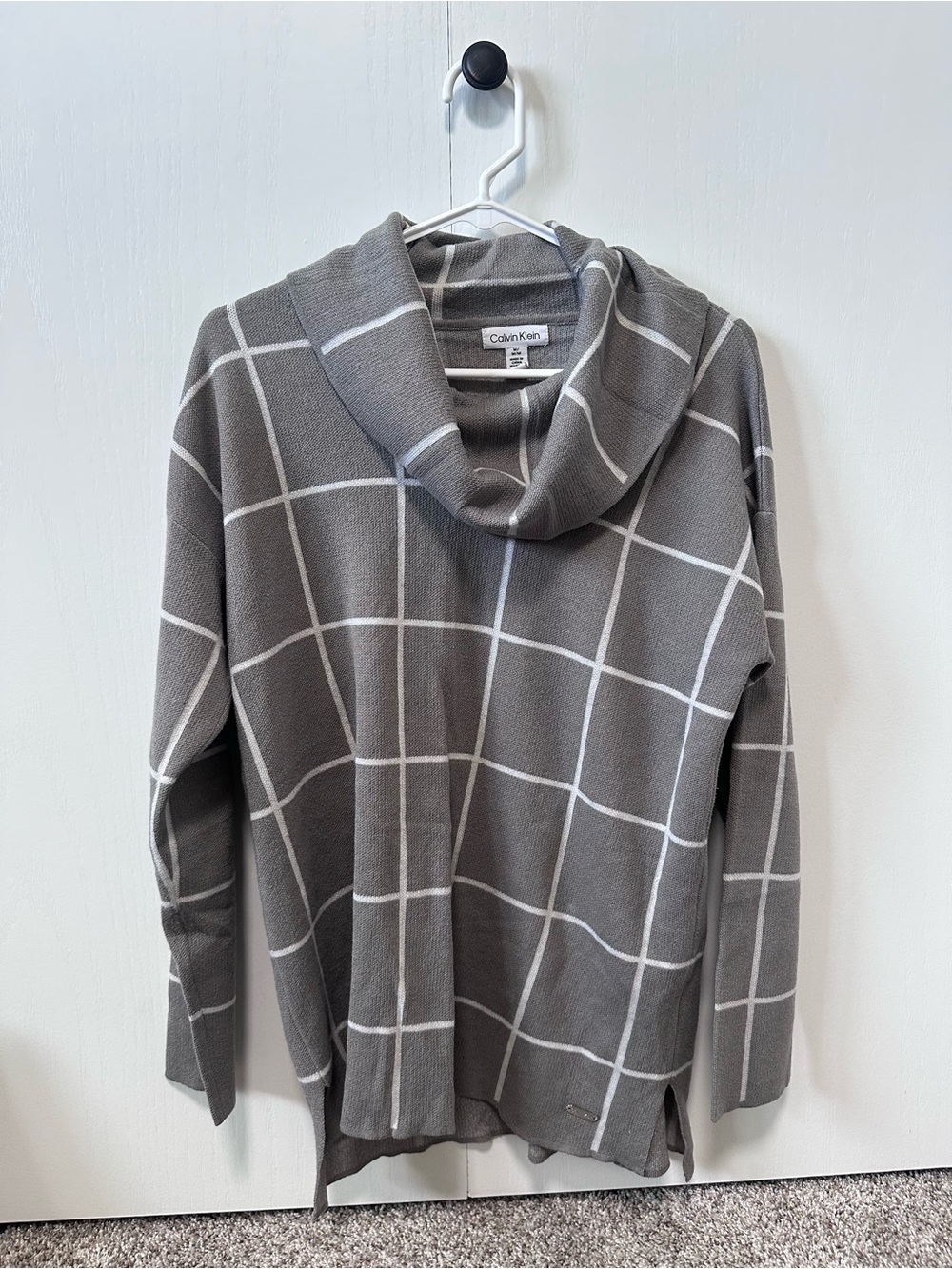 Calvin Klein Gray Windowpane Cowl Neck Sweater